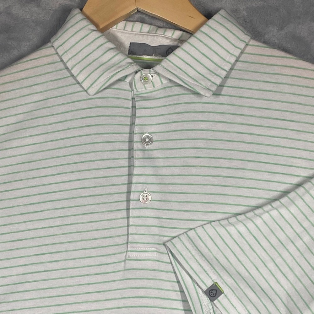 Tasc Performance Mens Polo Shirt Medium White Green Striped Micro Modal Stretch